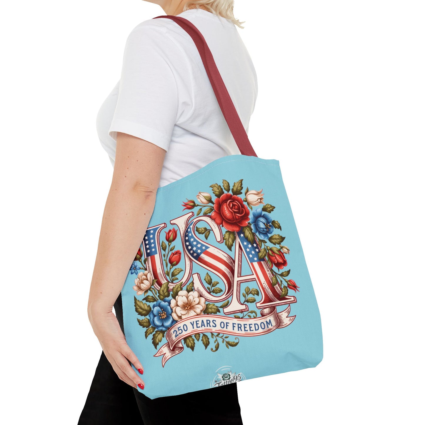 Floral USA -- Happy 250th Birthday America Tote Bag — Patriotic 4th of July Celebration Tote