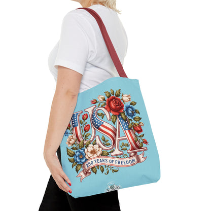Floral USA -- Happy 250th Birthday America Tote Bag — Patriotic 4th of July Celebration Tote