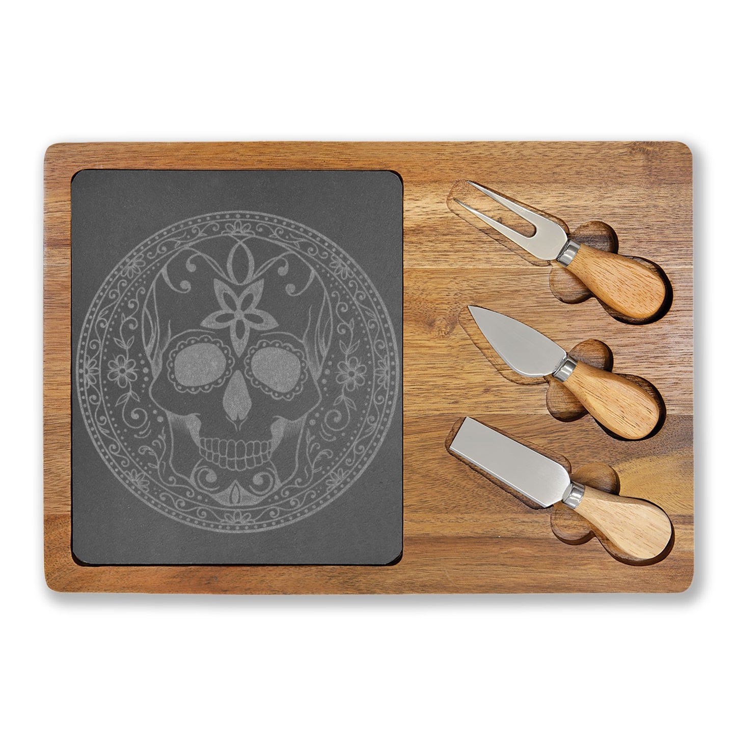 Sugar Skull - Engraved Charcuterie Board — Comes with Fork & Knives