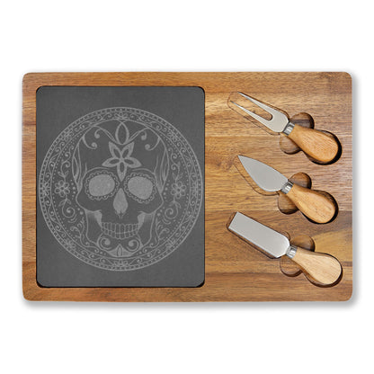 Sugar Skull - Engraved Charcuterie Board — Comes with Fork & Knives