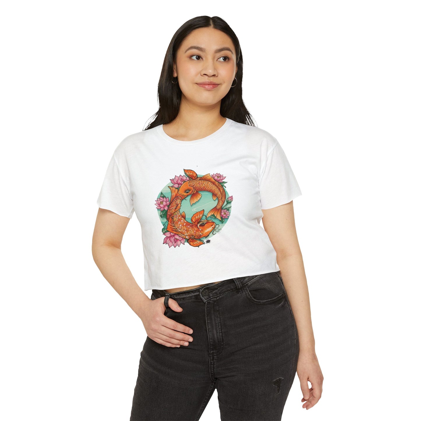 Koi Fish Tattoo - Women's Crop Top — White Festival Cropped T-Shirt