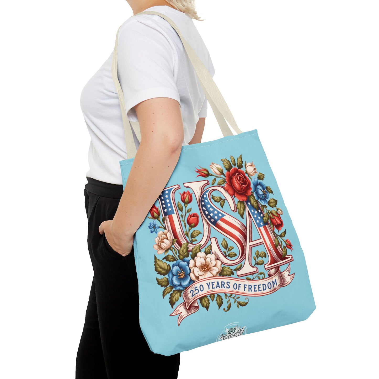 Floral USA -- Happy 250th Birthday America Tote Bag — Patriotic 4th of July Celebration Tote