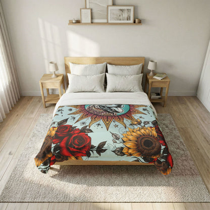 Sun Pittie with Sunflowers & Roses - Boho Floral Pet Portrait Cotton Comforter - Soft White Down Alternative Duvet