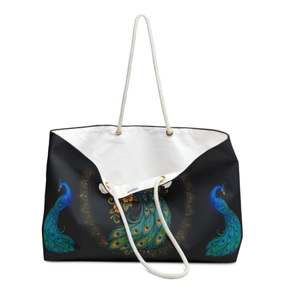 Floral Peacock - Weekender Bag (Black) — Spacious Travel Tote with Elegant Bird Mandala Design