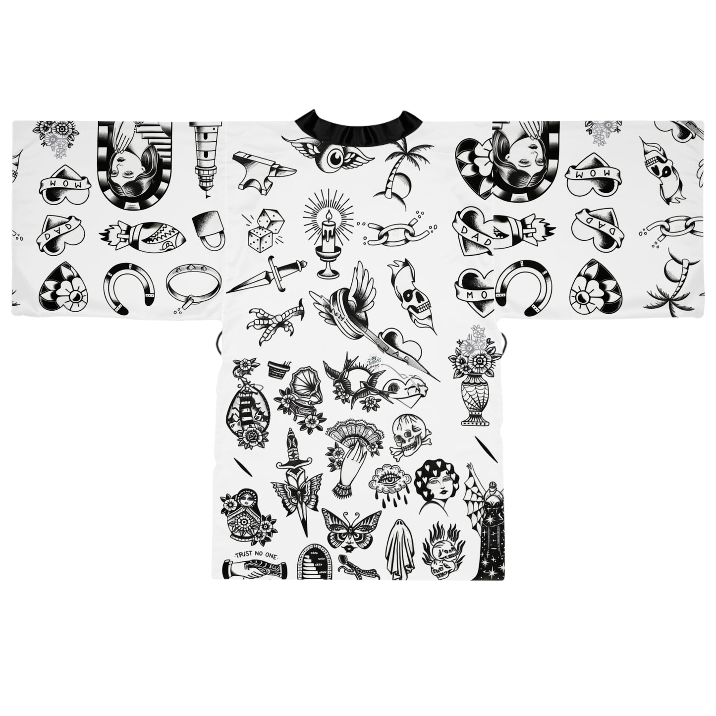 Silken Tattoo-Style Kimono Robe — Mid-Length Bell Sleeve Lounge & Evening Wrap