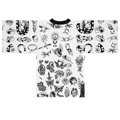 Silken Tattoo-Style Kimono Robe — Mid-Length Bell Sleeve Lounge & Evening Wrap