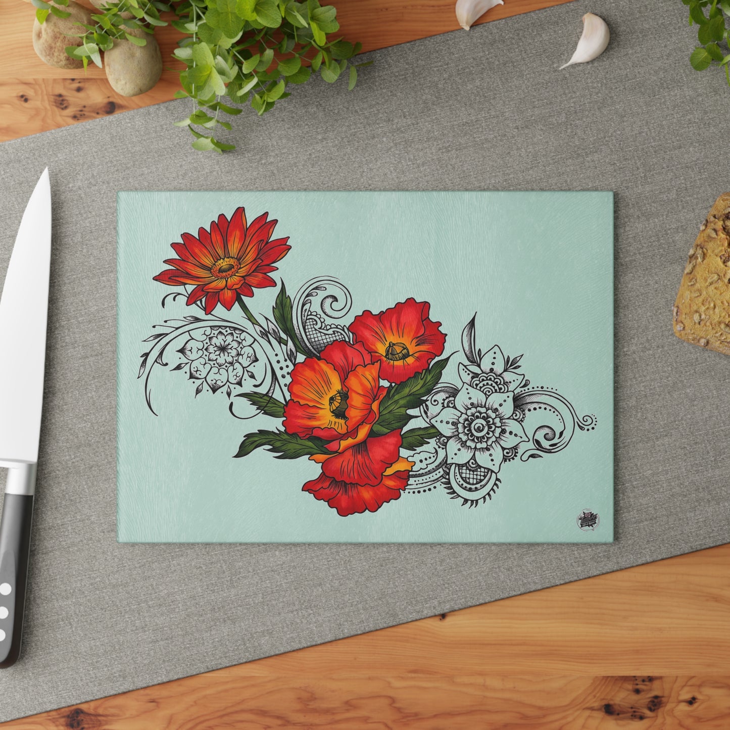 Floral Red Poppy Glass Cutting Board – Decorative Kitchen Chopping Board
