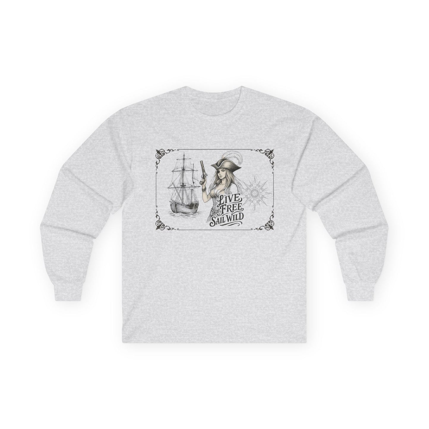Live Free, Sail Wild Pirate Lady with Back Quote "I’m the Storm You Saw Coming" - Gildan Adult Long Sleeve Ultra Cotton T-Shirt
