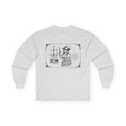 Live Free, Sail Wild Pirate Lady with Back Quote "I’m the Storm You Saw Coming" - Gildan Adult Long Sleeve Ultra Cotton T-Shirt