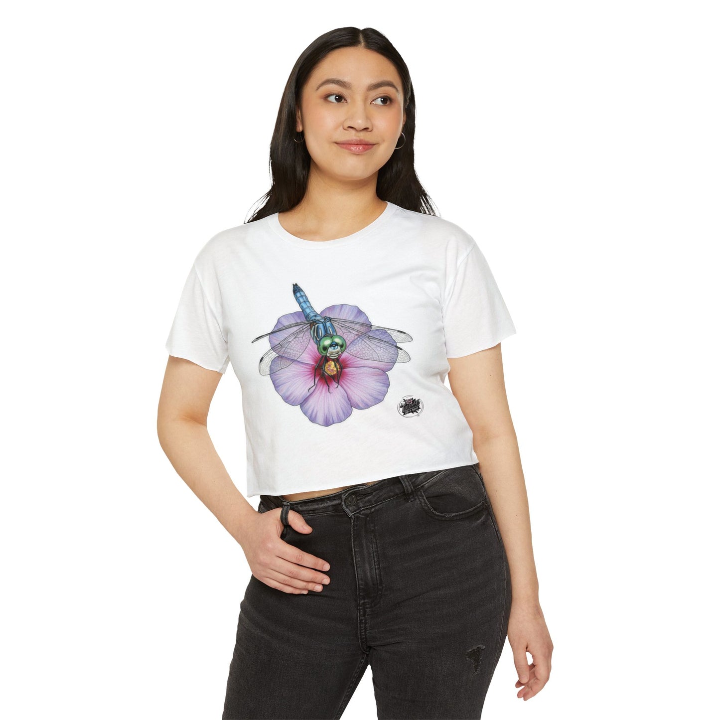 Dragonfly Hbiscus - White Cropped TShirt (XS-2XL)