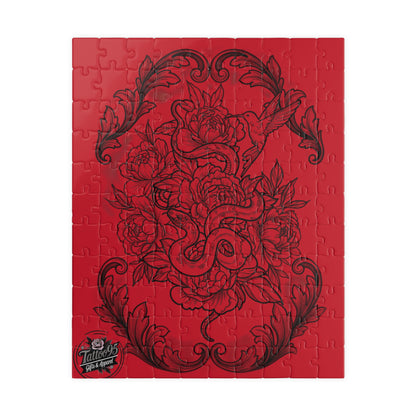 Snake, Hummingbird and Peonies Tattoo Artwork - Jigsaw Puzzle — PIECES are 110, 252, 520 and 1014 Glossy Finish
