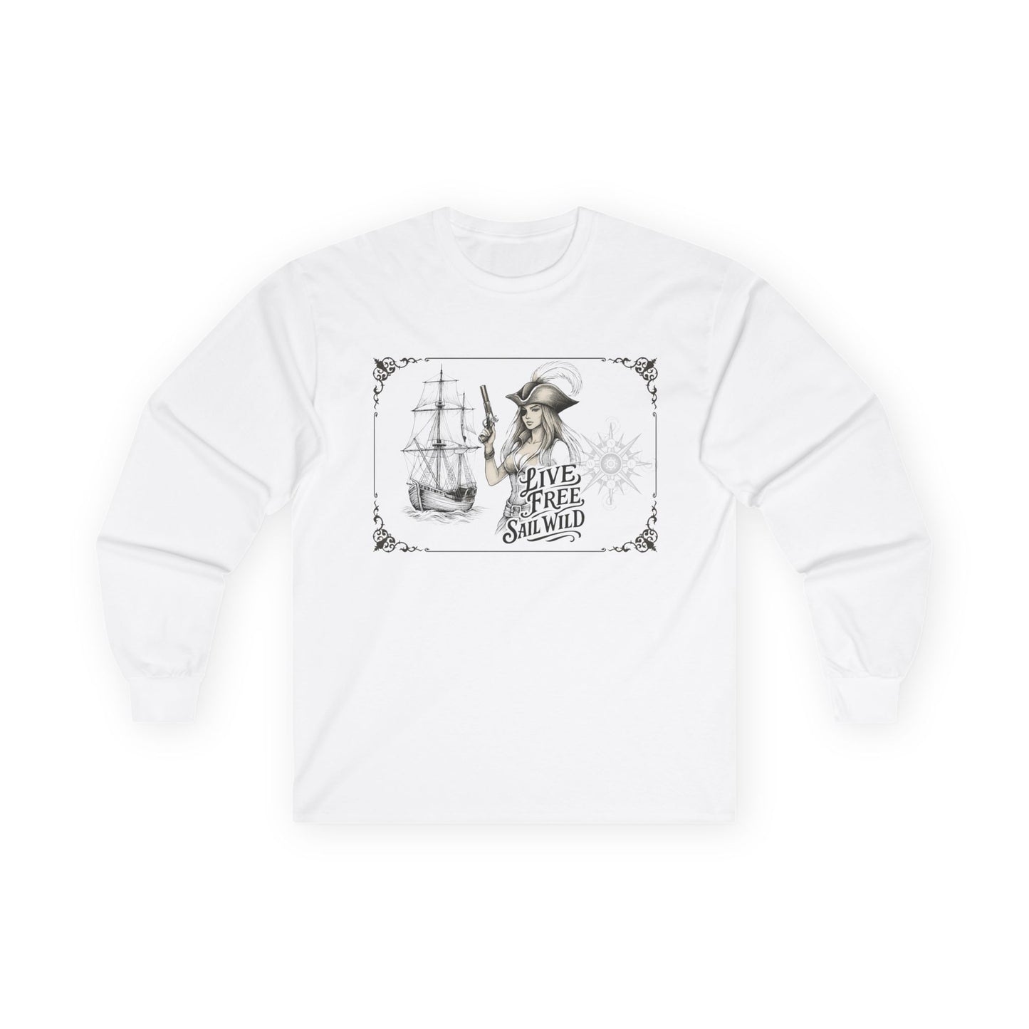 Live Free, Sail Wild Pirate Lady with Back Quote "I’m the Storm You Saw Coming" - Gildan Adult Long Sleeve Ultra Cotton T-Shirt