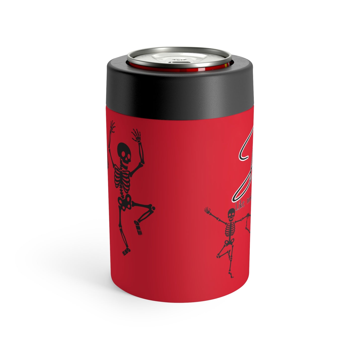 Dancing Skeleton Can Cooler — Red Halloween Beverage Insulator