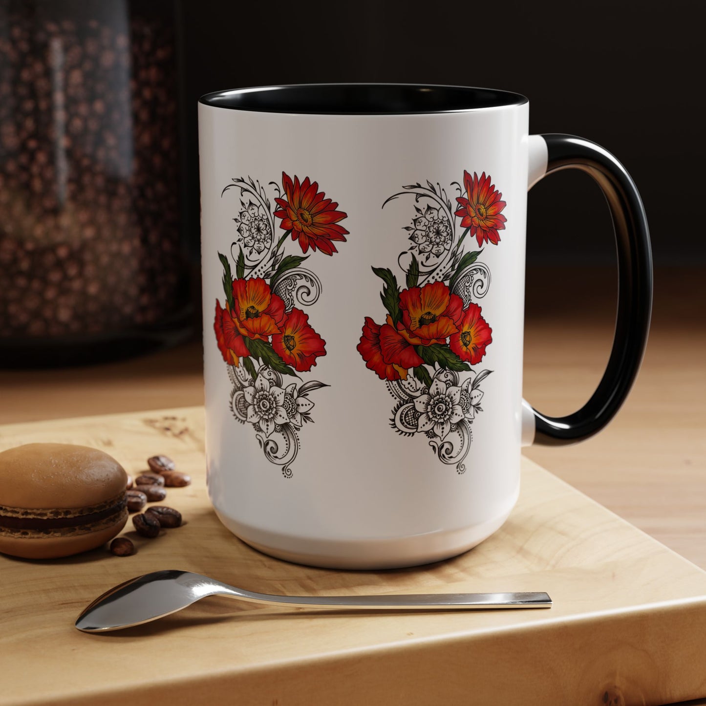 Orange & Red Poppy Flowers Original Tattoo Artwork - Coffee Mug (11oz & 15oz) Your choice of Interior & Handle choices