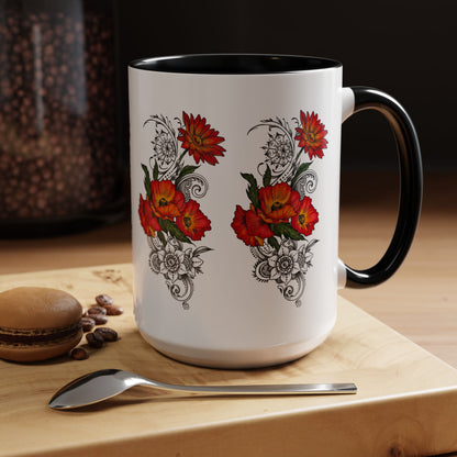 Orange & Red Poppy Flowers Original Tattoo Artwork - Coffee Mug (11oz & 15oz) Your choice of Interior & Handle choices