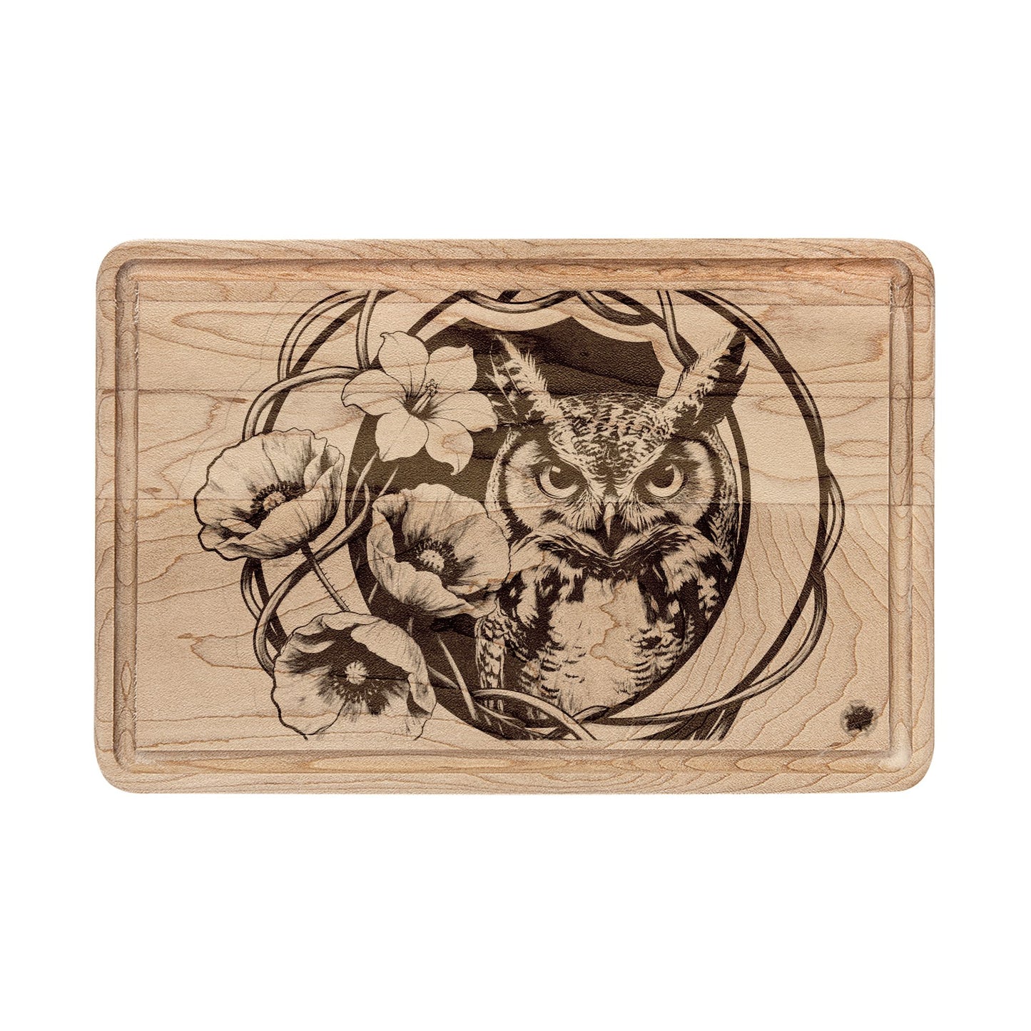 Owl & Floral Moon Wooden Cutting Board Engraved — Decorative Serving & Chopping Board