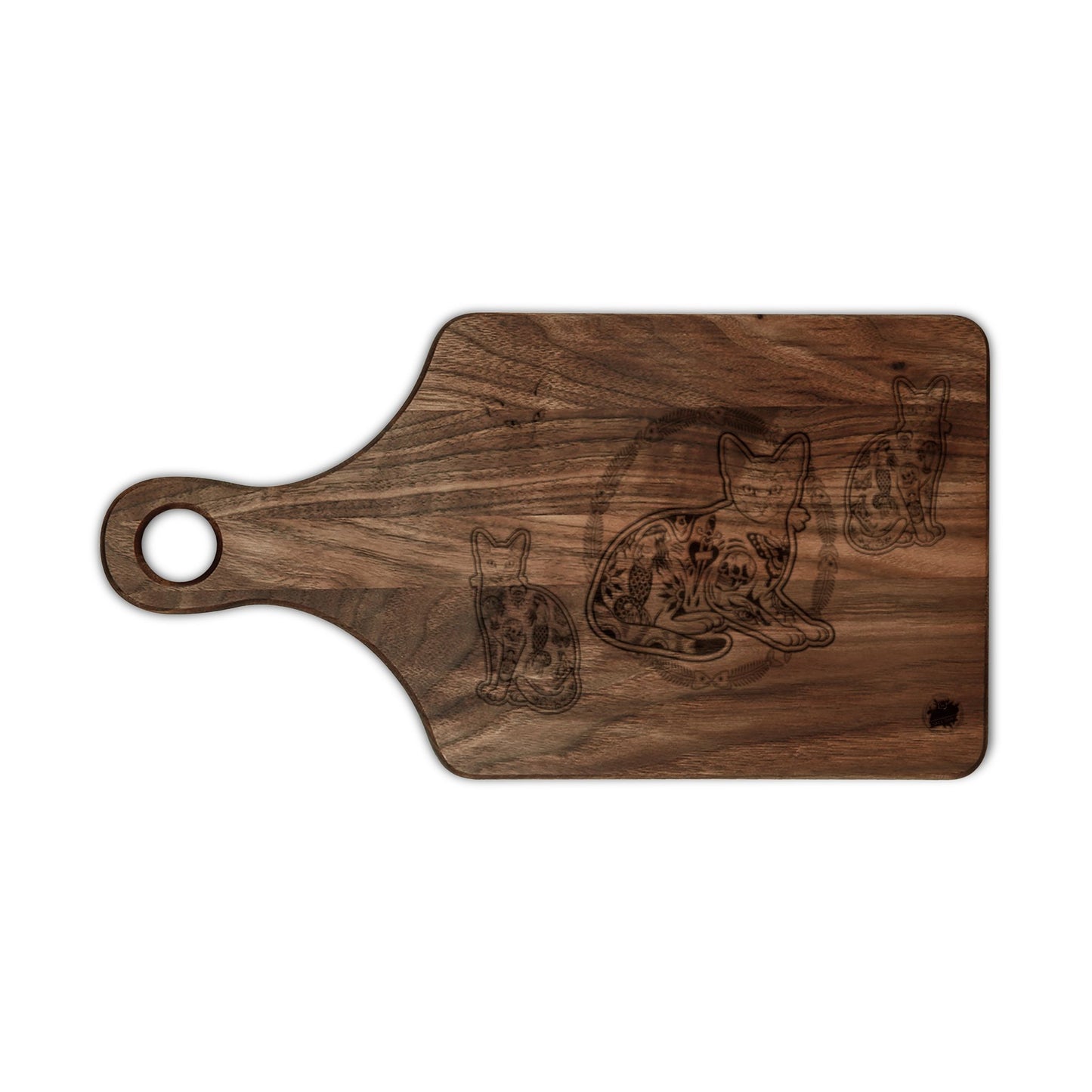 Tattooed Cat Fish Bones Circle Original Tattoo Artwork - Engraved Paddle & Rectangular Cutting Boards — Decorative Serving & Chopping Board