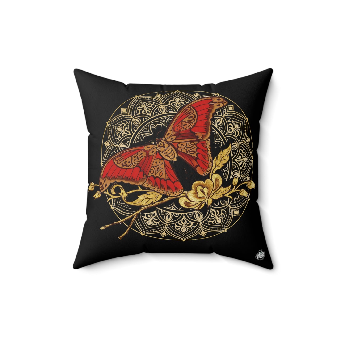 Red & Gold Moth Tattoo Pillow — Spun Polyester Decorative Black