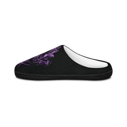 Floral Skull and Dragonfly Tattoo Art (Pink) - Black & Pink Comfy House Slippers
