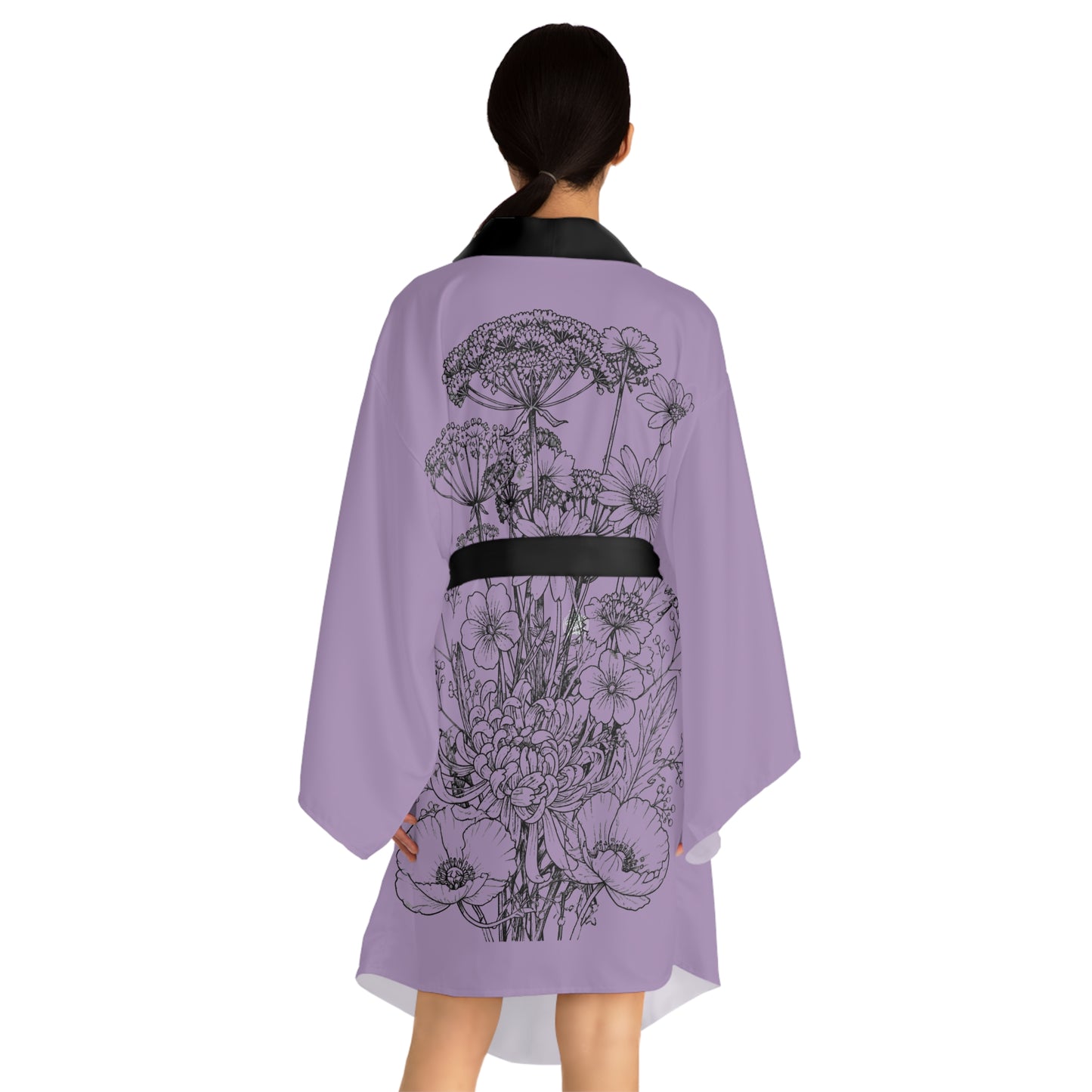 Wildflowers Tattoo Silk-Touch Mid-Length Kimono Robe — Purple