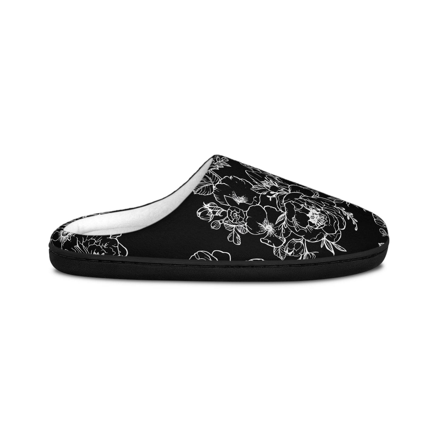 Peonies Tattoo Artwork Black Slippers - White Sketch - Women's Indoor Slippers