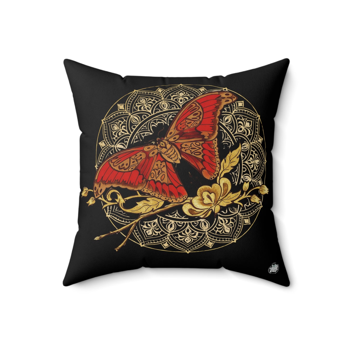 Red & Gold Moth Tattoo Pillow — Spun Polyester Decorative Black