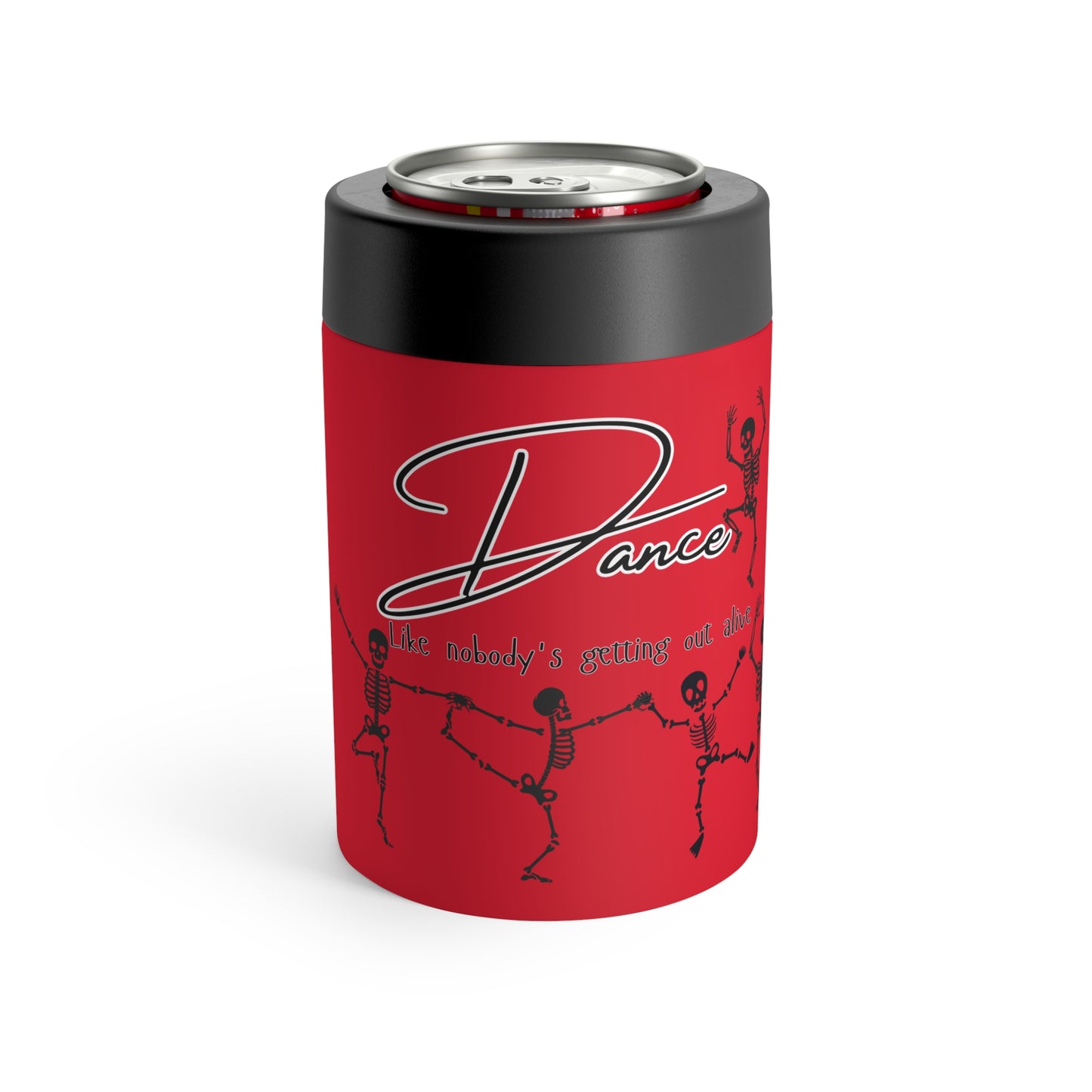 Dancing Skeleton Can Cooler — Red Halloween Beverage Insulator