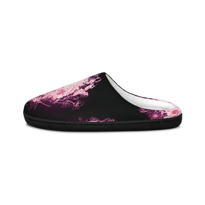 Floral Skull and Dragonfly Tattoo Art (Pink) - Black & Pink Comfy House Slippers