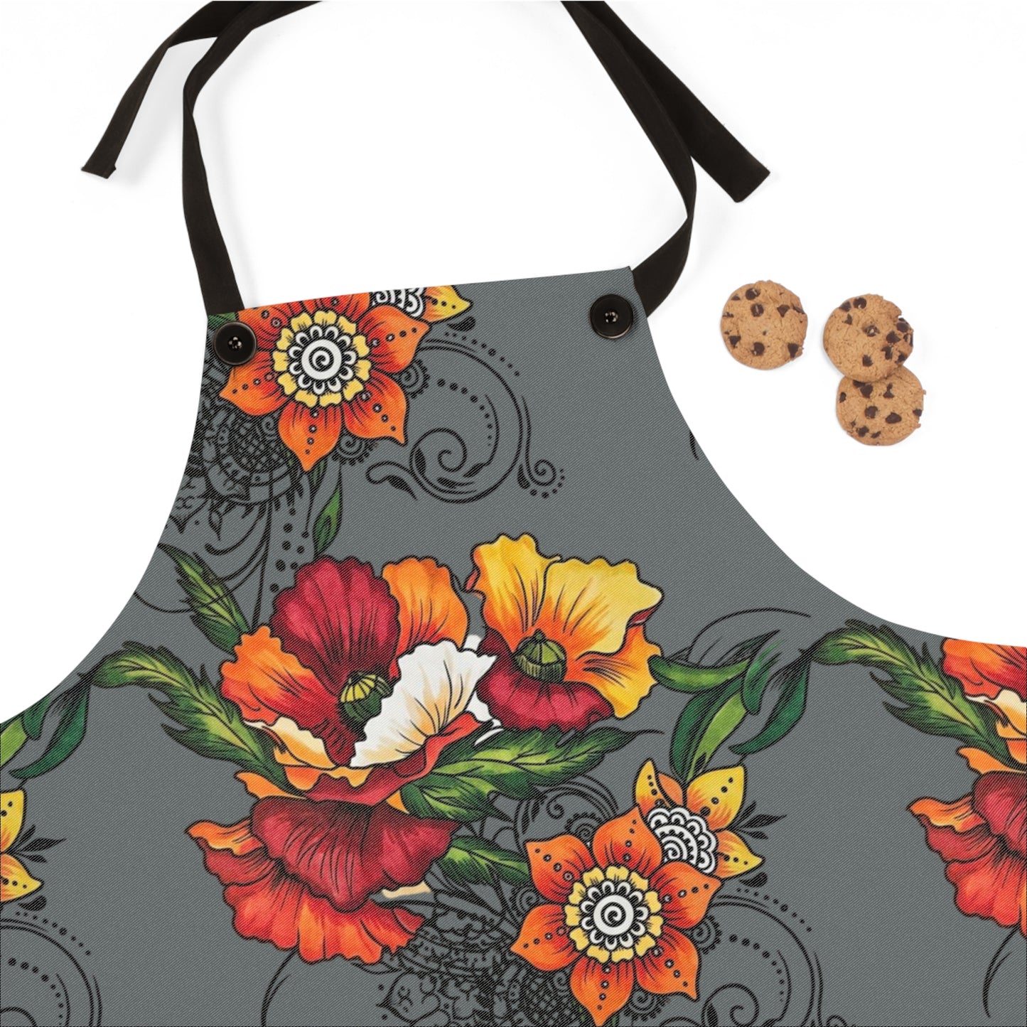 Orange & Red Poppy Flowers Original Tattoo Artwork - Grey Apron