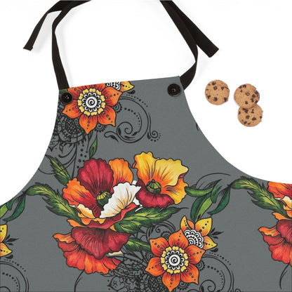 Orange & Red Poppy Flowers Original Tattoo Artwork - Grey Apron