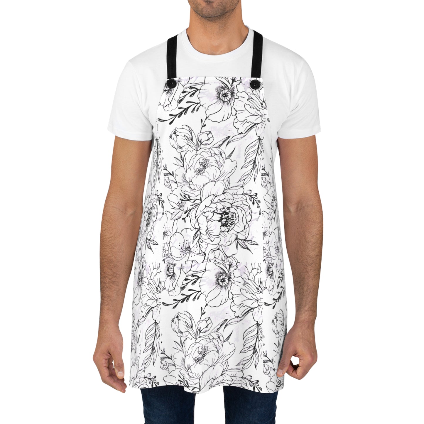 Peonies Tattoo Artwork - White Apron - Black Floral Artwork