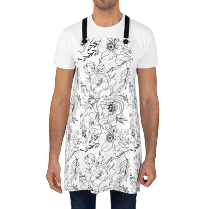 Peonies Tattoo Artwork - White Apron - Black Floral Artwork