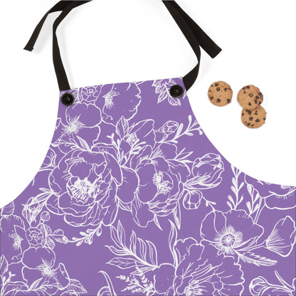 Peonies Tattoo - Apron - White Floral Design on Light Purple