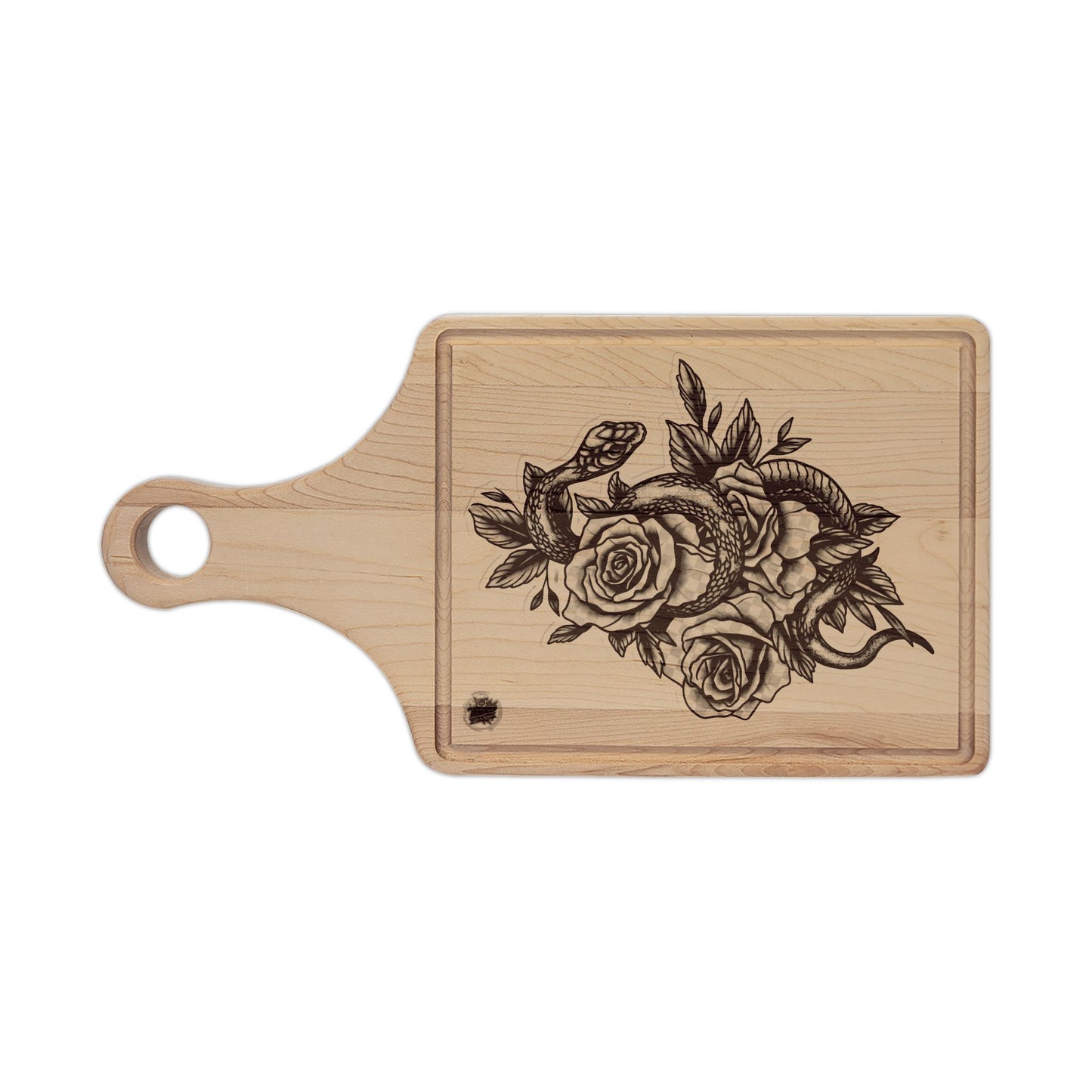 Snake & Roses Engraved Wooden Cutting Board — Decorative Paddle & Rectangular Serving Board