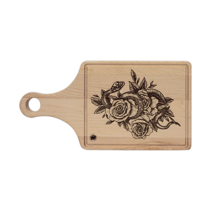 Snake & Roses Engraved Wooden Cutting Board — Decorative Paddle & Rectangular Serving Board