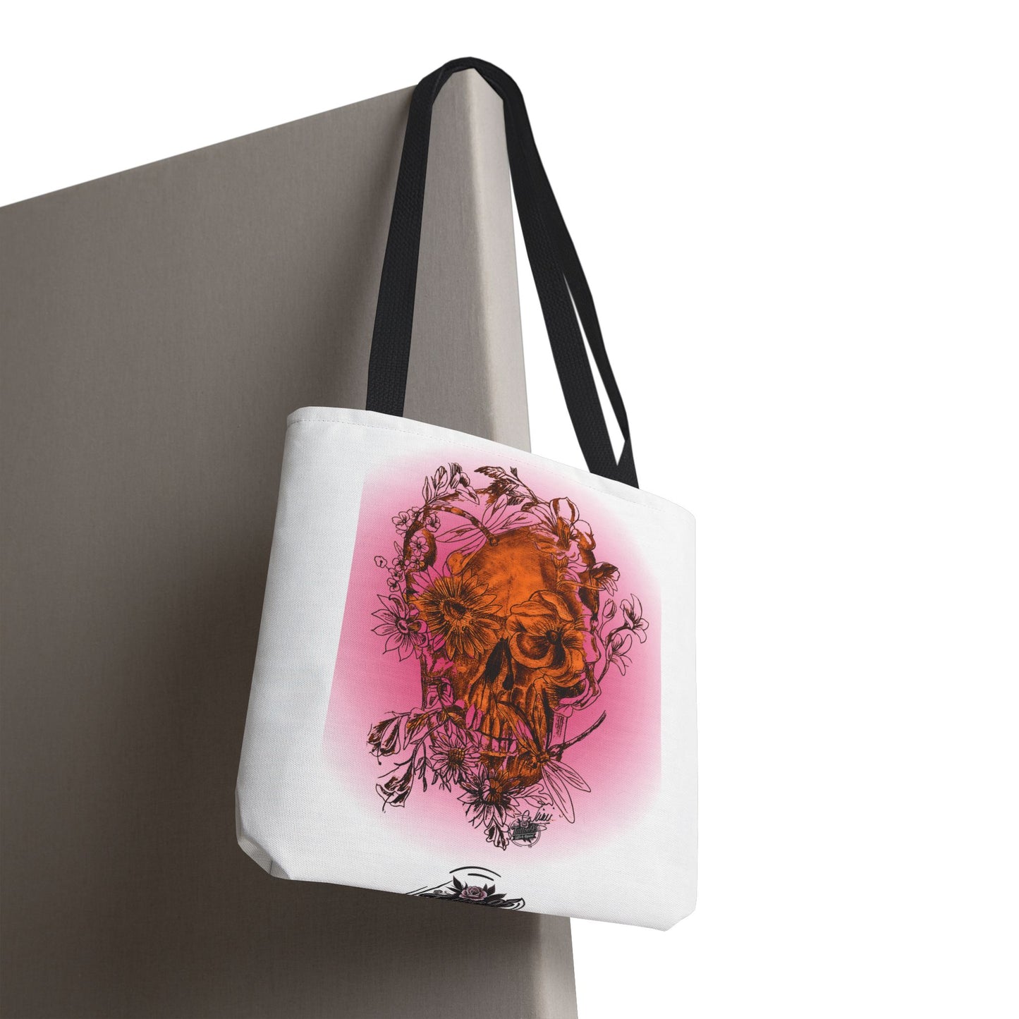 Floral Skull and Dragonfly Tattoo Art (Orange) - Tote Bag (3 Sizes)