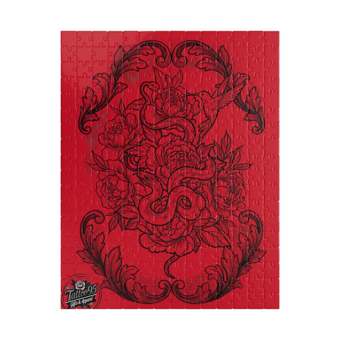 Snake, Hummingbird and Peonies Tattoo Artwork - Jigsaw Puzzle — PIECES are 110, 252, 520 and 1014 Glossy Finish