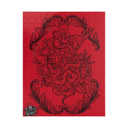 Snake, Hummingbird and Peonies Tattoo Artwork - Jigsaw Puzzle — PIECES are 110, 252, 520 and 1014 Glossy Finish