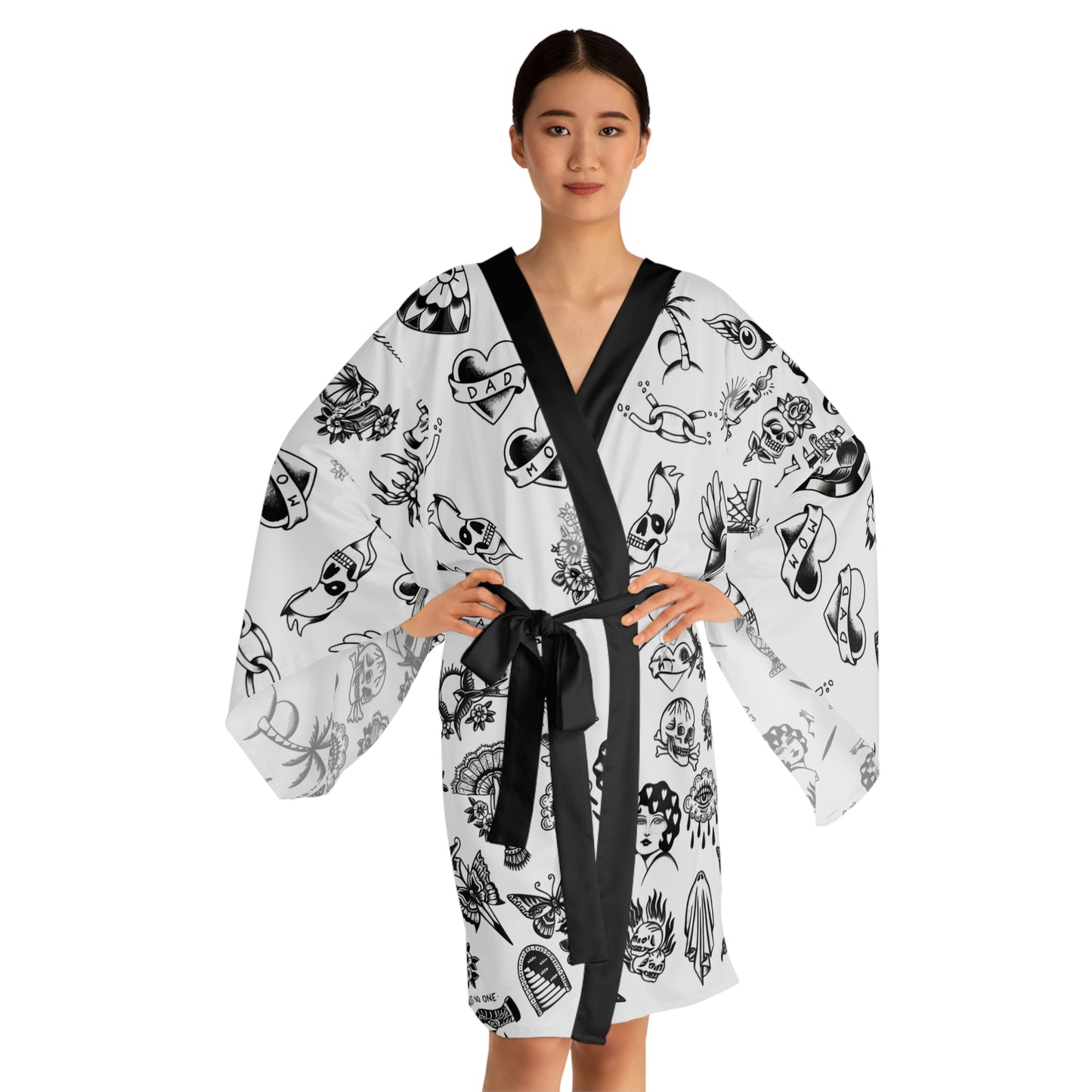 Silken Tattoo-Style Kimono Robe — Mid-Length Bell Sleeve Lounge & Evening Wrap