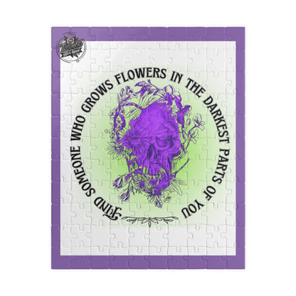 Floral Skull and Dragonfly Tattoo Art (Purple) - Find Someone Who Grows Flowers in the Darkest Part of You  - Jigsaw Puzzle — PIECES are 110, 252 and 520 Glossy Finish