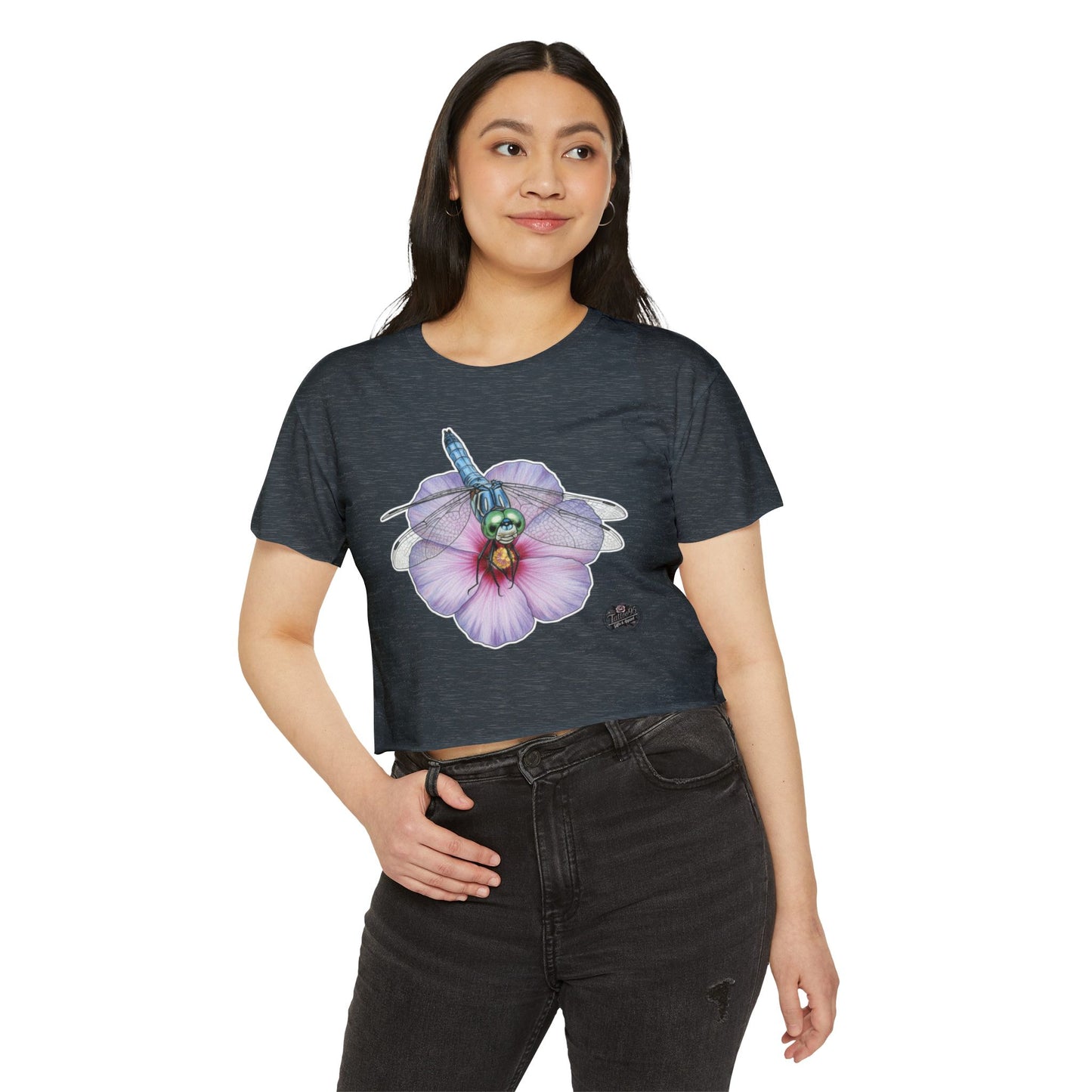 Dragonfly Hibiscus - Antique Denim Cropped TShirt (XS-2XL)