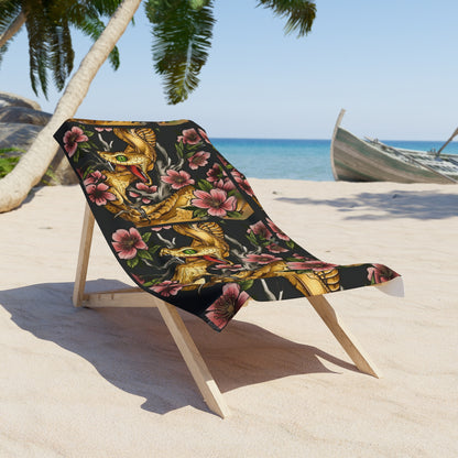 Snake & Red Bloom Dark Floral Beach Towel -- Lunar New Year