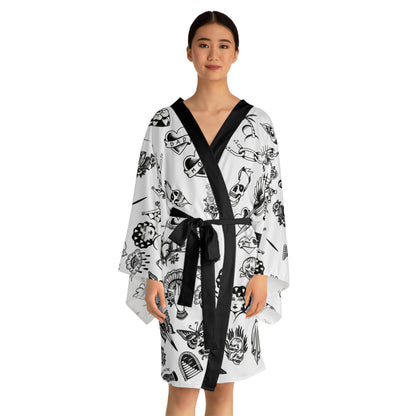 Silken Tattoo-Style Kimono Robe — Mid-Length Bell Sleeve Lounge & Evening Wrap