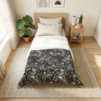 Peonies Tattoo Artwork (White) - on Black Cotton Comforter — Soft White Down Alternative Duvet Insert