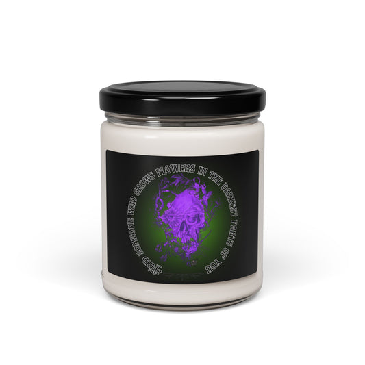 Floral Skull and Dragonfly Tattoo Art (Purple) - Find Someone Who Grows Flowers in the Darkest Parts of You Quote 9oz Candle, Long-Burn Aromatic Candle Scented and unscented.