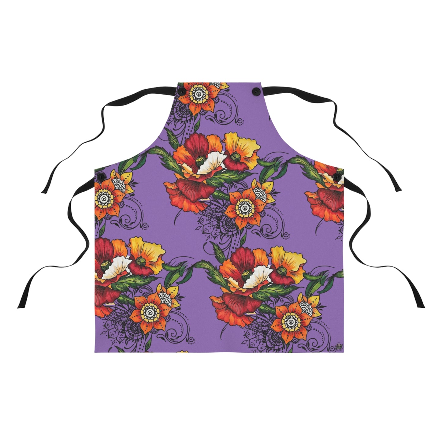 Orange & Red Poppy Flowers Original Tattoo Artwork - Purple Apron