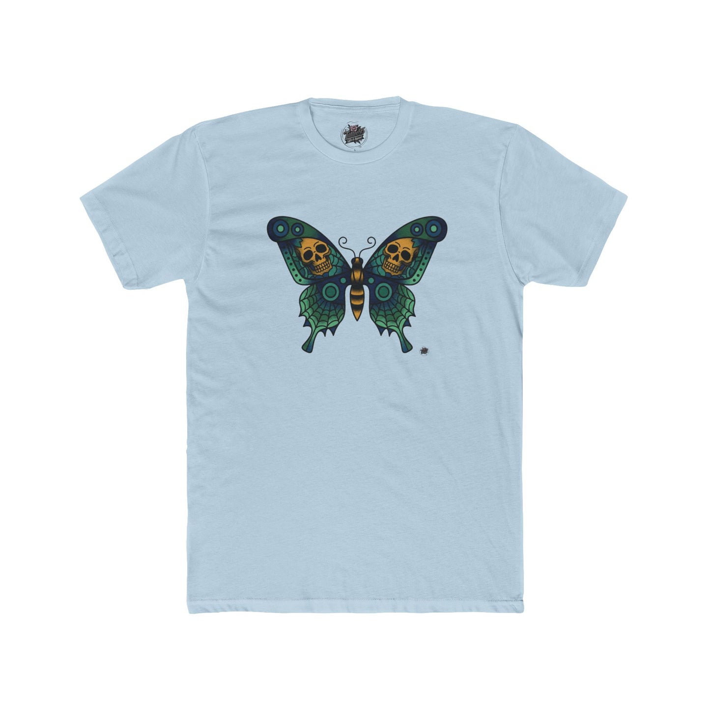 Butterfly Skulled Wings - Crew Tee — Blue Graphic 'Quiet Promise' Cotton Tee