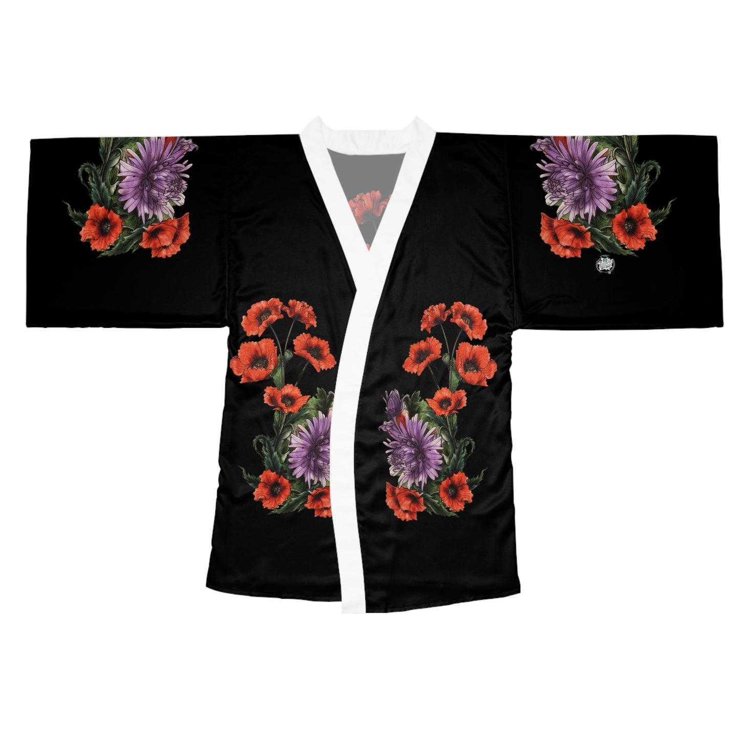 Black kimono with floral patterns on a white background