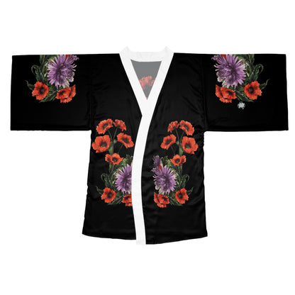 Black kimono with floral patterns on a white background