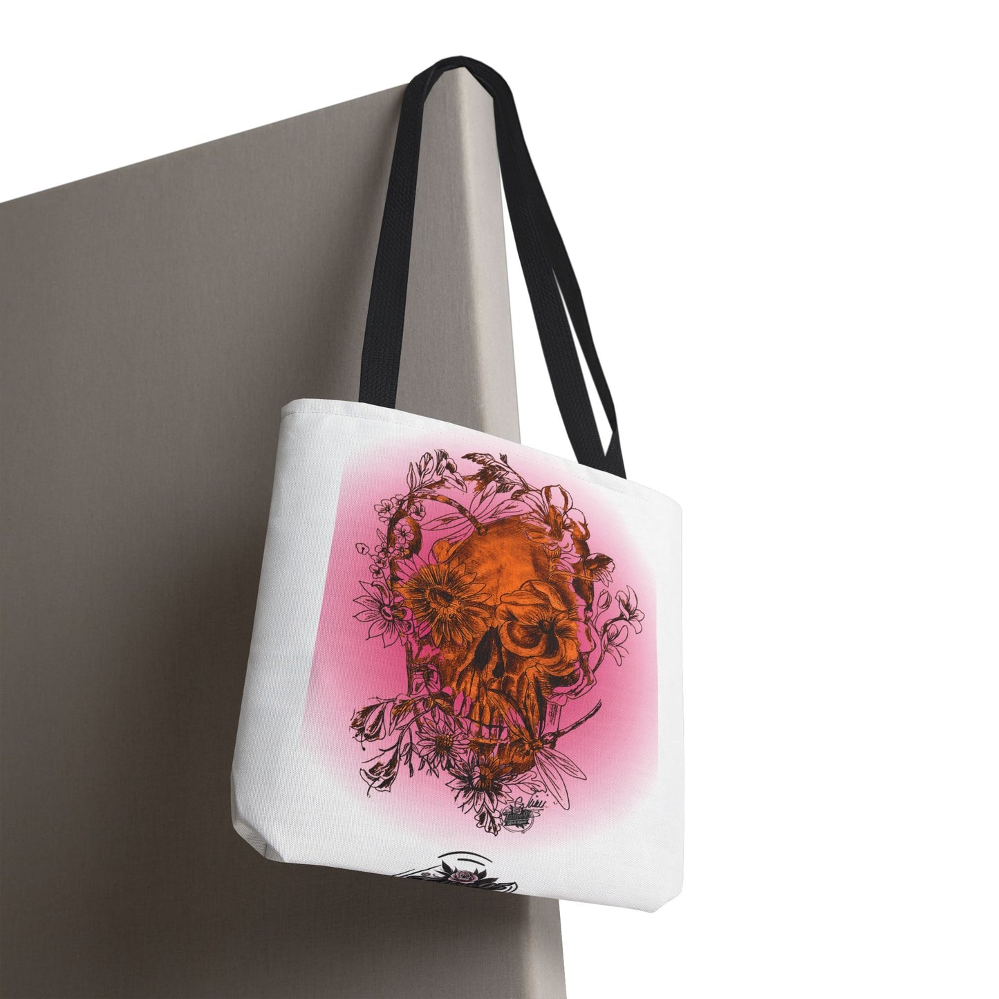 Floral Skull and Dragonfly Tattoo Art (Orange) - Tote Bag (3 Sizes)
